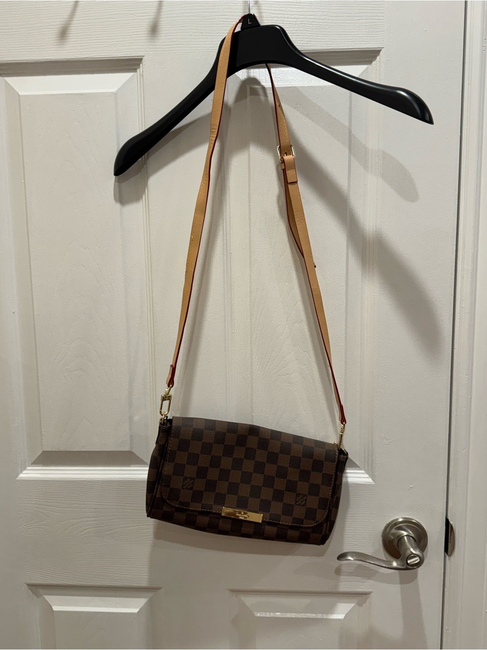 Checker Print Brown Crossbody Bag with Tan Adjustable Strap